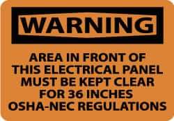 NMC - "Warning - Area in Front of This Electrical Panel Must Be Kept Clear for 36 Inches - OSHA-NEC Regulations", 10" Long x 14" Wide, Rigid Plastic Safety Sign - Rectangle, 0.05" Thick, Use for Accident Prevention - Americas Industrial Supply