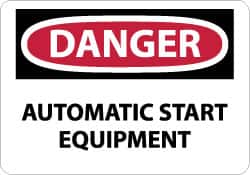 NMC - "Danger - Automatic Start Equipment", 10" Long x 14" Wide, Pressure-Sensitive Vinyl Safety Sign - Rectangle, 0.004" Thick, Use for Accident Prevention - Americas Industrial Supply