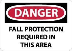 NMC - "Danger - Fall Protection Required in This Area", 10" Long x 14" Wide, Pressure-Sensitive Vinyl Safety Sign - Rectangle, 0.004" Thick, Use for Accident Prevention - Americas Industrial Supply