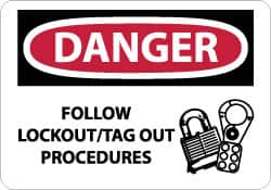 NMC - "Danger - Follow Lockout/Tag Out Procedures", 10" Long x 14" Wide, Pressure-Sensitive Vinyl Safety Sign - Rectangle, 0.004" Thick, Use for Accident Prevention - Americas Industrial Supply