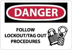 NMC - "Danger - Follow Lockout/Tag Out Procedures", 10" Long x 14" Wide, Pressure-Sensitive Vinyl Safety Sign - Rectangle, 0.004" Thick, Use for Accident Prevention - Americas Industrial Supply