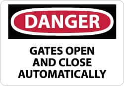 NMC - "Danger - Gates Open and Close Automatically", 10" Long x 14" Wide, Pressure-Sensitive Vinyl Safety Sign - Rectangle, 0.004" Thick, Use for Accident Prevention - Americas Industrial Supply