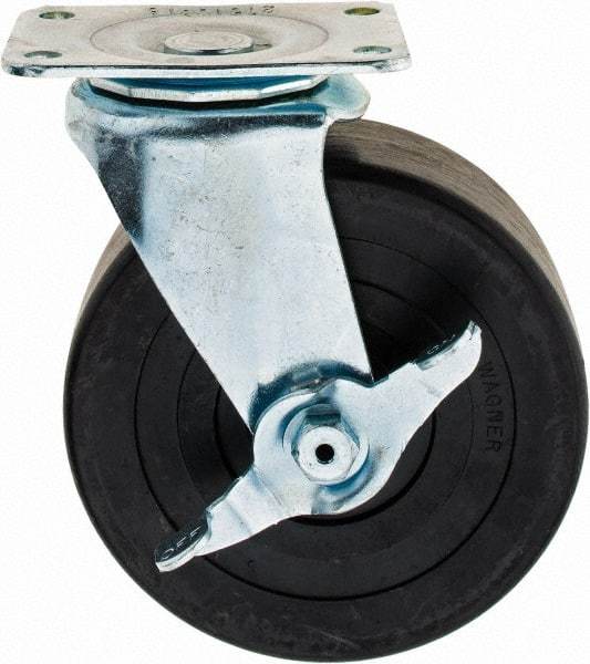 E.R. Wagner - 5" Diam x 2" Wide x 6" OAH Top Plate Mount Swivel Caster with Brake - Hard Rubber, 450 Lb Capacity, 2-3/4 x 3-3/4" Plate - Americas Industrial Supply