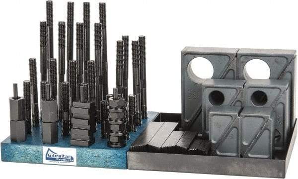 Gibraltar - 50 Piece Fixturing Step Block & Clamp Set with 1-1/2" Step Block, 9/16" T-Slot, 1/2-13 Stud Thread - 7/8" Nut Width, 3, 4, 5, 6, 7 & 8" Stud Lengths - Americas Industrial Supply