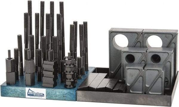 Gibraltar - 50 Piece Fixturing Step Block & Clamp Set with 1-1/2" Step Block, 5/8" T-Slot, 1/2-13 Stud Thread - 1" Nut Width, 3, 4, 5, 6, 7 & 8" Stud Lengths - Americas Industrial Supply
