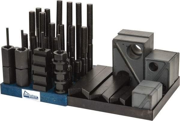 Gibraltar - 50 Piece Fixturing Step Block & Clamp Set with 1-1/2" Step Block, 13/16" T-Slot, 3/4-10 Stud Thread - 1-1/4" Nut Width, 3, 4, 5, 6, 7 & 8" Stud Lengths - Americas Industrial Supply