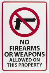 NMC - "No Firearms or Weapons Allowed On This Property", 18" Long x 12" Wide, Rigid Plastic Safety Sign - Rectangle, 0.05" Thick, Use for Security & Admittance - Americas Industrial Supply