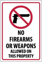 NMC - "No Firearms or Weapons Allowed On This Property", 18" Long x 12" Wide, Pressure-Sensitive Vinyl Safety Sign - Rectangle, 0.004" Thick, Use for Security & Admittance - Americas Industrial Supply