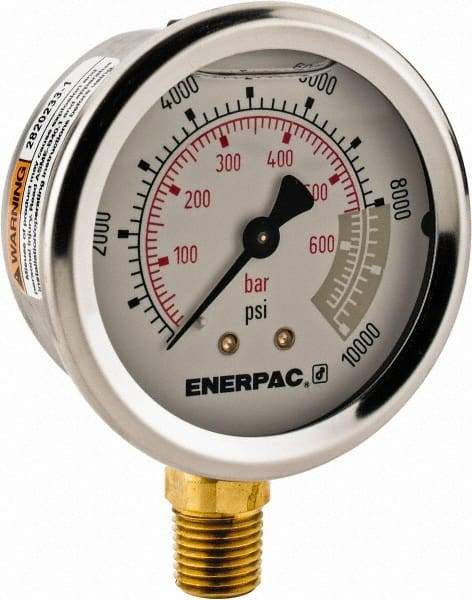 Enerpac - 0 to 10,000 psi Pressure Rating, 1/4 NPTF Gauge Connection, Hydraulic Pressure Liquid Filled Gage - 2-1/2" Face Diam - Americas Industrial Supply