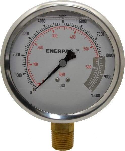 Enerpac - 0 to 10,000 psi Pressure Rating, 1/2 NPTF Gauge Connection, Hydraulic Pressure Liquid Filled Gage - 4" Face Diam - Americas Industrial Supply