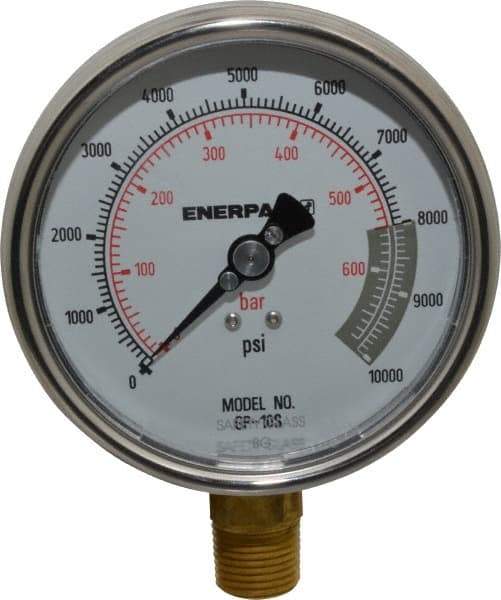 Enerpac - 0 to 10,000 psi Pressure Rating, 1/2 NPTF Gauge Connection, Hydraulic Pressure Dry Gage - 4" Face Diam - Americas Industrial Supply