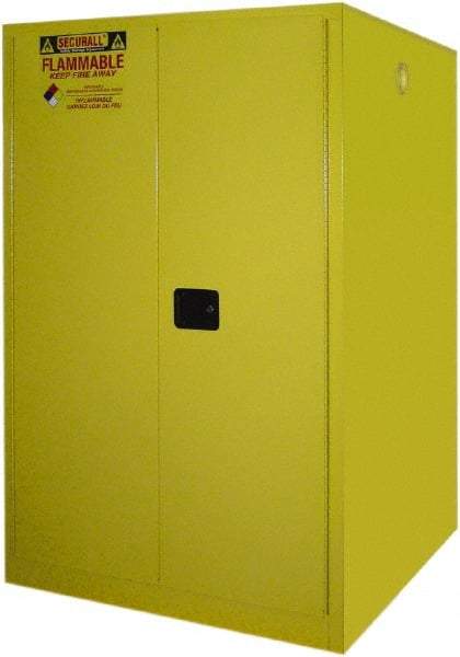Securall Cabinets - 43" Wide x 31" Deep x 65" High, 18 Gauge Steel Vertical Drum Cabinet with 3 Point Key Lock - Yellow, Manual Closing Door, 1 Shelf, 2 Drums, Drum Rollers Included - Americas Industrial Supply