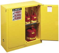 Justrite - 2 Door, 1 Shelf, Yellow Steel Standard Safety Cabinet for Flammable and Combustible Liquids - 44" High x 43" Wide x 18" Deep, Self Closing Door, 3 Point Key Lock, 30 Gal Capacity - Americas Industrial Supply