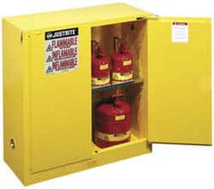Justrite - 2 Door, 1 Shelf, Yellow Steel Standard Safety Cabinet for Flammable and Combustible Liquids - 44" High x 43" Wide x 18" Deep, Self Closing Door, 3 Point Key Lock, 30 Gal Capacity - Americas Industrial Supply