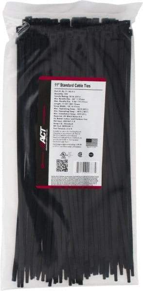 Made in USA - 11-1/4" Long Black Nylon Standard Cable Tie - 50 Lb Tensile Strength, 1.32mm Thick, 77.78mm Max Bundle Diam - Americas Industrial Supply