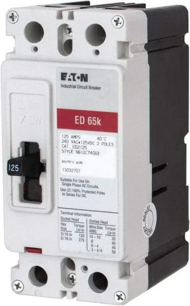 Eaton Cutler-Hammer - 125 Amp, 125 VDC, 240 VAC, 2 Pole, Molded Case Circuit Breaker - Thermal Magnetic Trip, 65 kA at 240 VAC Breaking Capacity, 4-4/0 AWG, 3-3/8 Inch Deep x 6 Inch High x 2-3/4 Inch Wide - Americas Industrial Supply