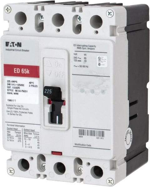 Eaton Cutler-Hammer - 225 Amp, 125 VDC, 240 VAC, 3 Pole, Molded Case Circuit Breaker - Thermal Magnetic Trip, 65 kA at 240 VAC Breaking Capacity, 4-4/0 AWG, 3-3/8 Inch Deep x 6 Inch High x 4-1/8 Inch Wide - Americas Industrial Supply