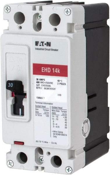 Eaton Cutler-Hammer - 30 Amp, 250 VDC, 480 VAC, 2 Pole, Molded Case Circuit Breaker - Thermal Magnetic Trip, 18 kA at 240 VAC Breaking Capacity, 14-1/0 AWG, 3-3/8 Inch Deep x 6 Inch High x 2-3/4 Inch Wide - Americas Industrial Supply