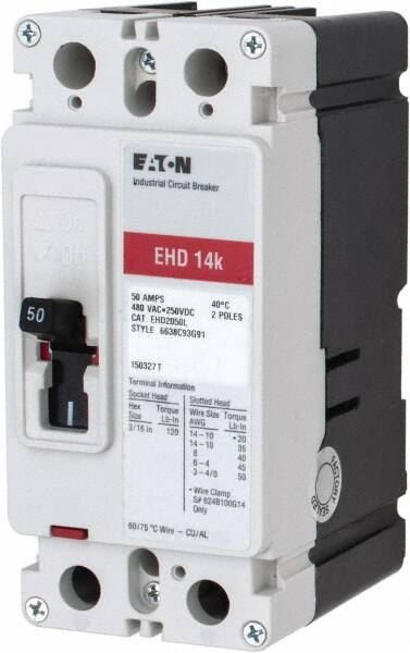 Eaton Cutler-Hammer - 50 Amp, 250 VDC, 480 VAC, 2 Pole, Molded Case Circuit Breaker - Thermal Magnetic Trip, Multiple Breaking Capacity Ratings, 14-1/0 AWG, 3-3/8 Inch Deep x 6 Inch High x 2-3/4 Inch Wide - Americas Industrial Supply