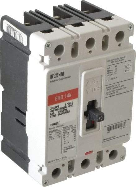 Eaton Cutler-Hammer - 20 Amp, 250 VDC, 480 VAC, 3 Pole, Molded Case Circuit Breaker - Thermal Magnetic Trip, 18 kA at 240 VAC Breaking Capacity, 14-1/0 AWG, 3-3/8 Inch Deep x 6 Inch High x 4-1/8 Inch Wide - Americas Industrial Supply
