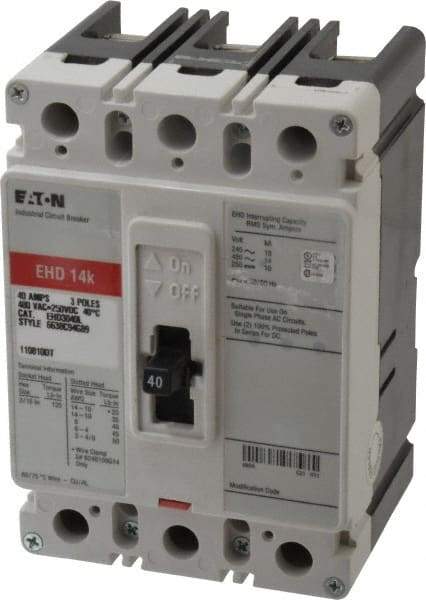 Eaton Cutler-Hammer - 40 Amp, 250 VDC, 480 VAC, 3 Pole, Molded Case Circuit Breaker - Thermal Magnetic Trip, 18 kA at 240 VAC Breaking Capacity, 14-1/0 AWG, 3-3/8 Inch Deep x 6 Inch High x 4-1/8 Inch Wide - Americas Industrial Supply