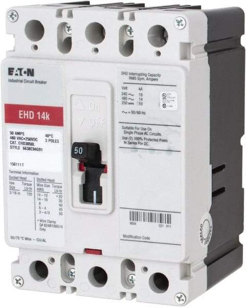 Eaton Cutler-Hammer - 50 Amp, 250 VDC, 480 VAC, 3 Pole, Molded Case Circuit Breaker - Thermal Magnetic Trip, 18 kA at 240 VAC Breaking Capacity, 14-1/0 AWG, 3-3/8 Inch Deep x 6 Inch High x 4-1/8 Inch Wide - Americas Industrial Supply