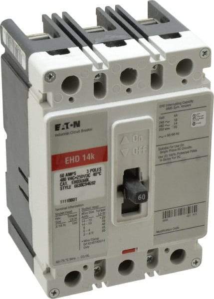 Eaton Cutler-Hammer - 60 Amp, 250 VDC, 480 VAC, 3 Pole, Molded Case Circuit Breaker - Thermal Magnetic Trip, 18 kA at 240 VAC Breaking Capacity, 14-1/0 AWG, 3-3/8 Inch Deep x 6 Inch High x 4-1/8 Inch Wide - Americas Industrial Supply
