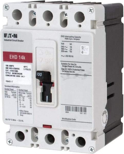Eaton Cutler-Hammer - 100 Amp, 250 VDC, 480 VAC, 3 Pole, Molded Case Circuit Breaker - Thermal Magnetic Trip, 18 kA at 240 VAC Breaking Capacity, 14-1/0 AWG, 3-3/8 Inch Deep x 6 Inch High x 4-1/8 Inch Wide - Americas Industrial Supply