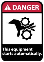 NMC - "Danger - This Equipment Starts Automatically", 14" Long x 10" Wide, Pressure-Sensitive Vinyl Safety Sign - Rectangle, 0.004" Thick, Use for Accident Prevention - Americas Industrial Supply