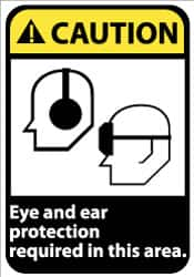 NMC - "Caution - Eye and Ear Protection Required in This Area", 14" Long x 10" Wide, Rigid Plastic Safety Sign - Rectangle, 0.05" Thick, Use for Accident Prevention - Americas Industrial Supply