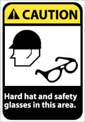 NMC - "Caution - Hard Hat and Safety Glasses in This Area", 14" Long x 10" Wide, Pressure-Sensitive Vinyl Safety Sign - Rectangle, 0.004" Thick, Use for Accident Prevention - Americas Industrial Supply