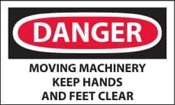 NMC - Accident Prevention Label, Header: DANGER - Legend: Danger - Moving Machinery - Keep Hands and Feet Clear, English, Red, Black & White, 5" Long x 3" High, Sign Muscle Finish - Americas Industrial Supply