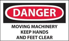 NMC - Accident Prevention Label, Header: DANGER - Legend: Danger - Moving Machinery - Keep Hands and Feet Clear, English, Red, Black & White, 5" Long x 3" High, Sign Muscle Finish - Americas Industrial Supply