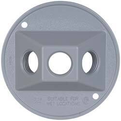 Cooper Crouse-Hinds - 3 Outlet, 1/2" Hole Diam, Powder Coat Finish, Round Noncorrosive Weatherproof Box Cover - 4-1/2" Wide x 9/16" High, Wet Locations, Aluminum, UL Listed - Americas Industrial Supply