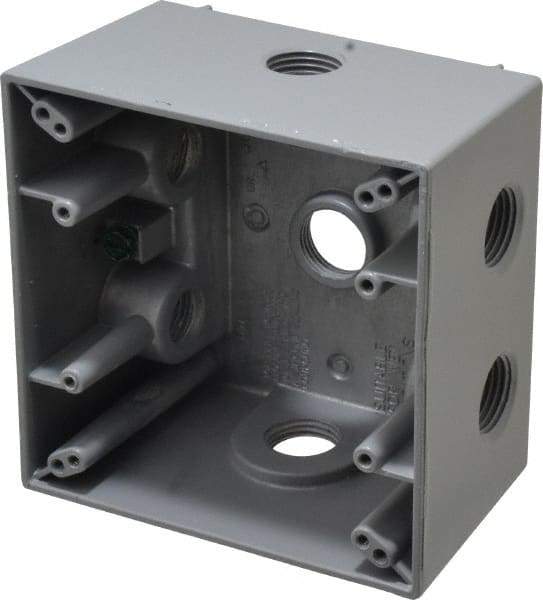 Cooper Crouse-Hinds - 2 Gang, (7) 1/2" Knockouts, Aluminum Square Outlet Box - 4-1/2" Overall Height x 4-1/2" Overall Width x 2-21/32" Overall Depth, Weather Resistant - Americas Industrial Supply