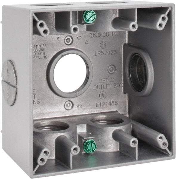 Cooper Crouse-Hinds - 2 Gang, (7) 1" Knockouts, Aluminum Square Outlet Box - 4-1/2" Overall Height x 4-1/2" Overall Width x 2-21/32" Overall Depth, Weather Resistant - Americas Industrial Supply