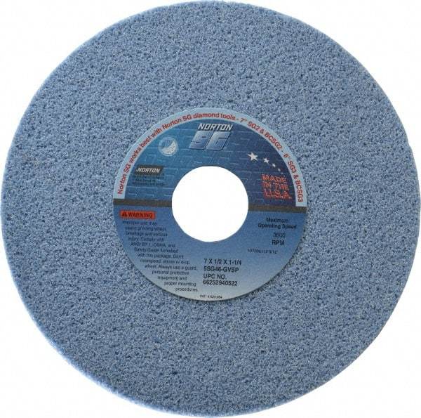 Norton - 7" Diam x 1-1/4" Hole x 1/2" Thick, G Hardness, 46 Grit Surface Grinding Wheel - Ceramic, Type 1, Coarse Grade, 3,600 Max RPM, Vitrified Bond, No Recess - Americas Industrial Supply