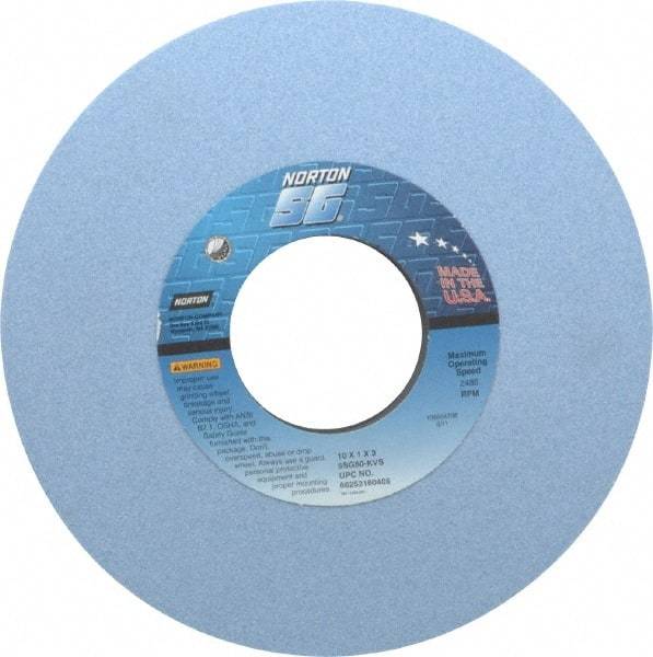 Norton - 10" Diam x 3" Hole x 1" Thick, K Hardness, 60 Grit Surface Grinding Wheel - Ceramic, Type 1, Medium Grade, 2,485 Max RPM, Vitrified Bond, No Recess - Americas Industrial Supply