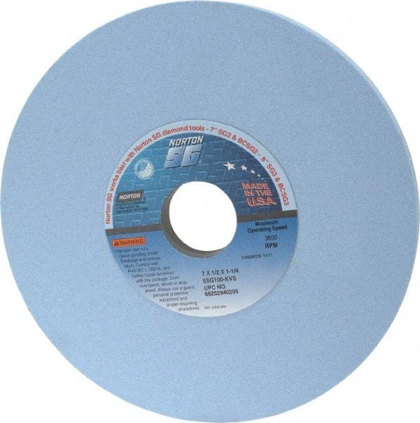 Norton - 7" Diam x 1-1/4" Hole x 1/2" Thick, K Hardness, 100 Grit Surface Grinding Wheel - Ceramic, Type 1, Fine Grade, 3,600 Max RPM, Vitrified Bond, No Recess - Americas Industrial Supply