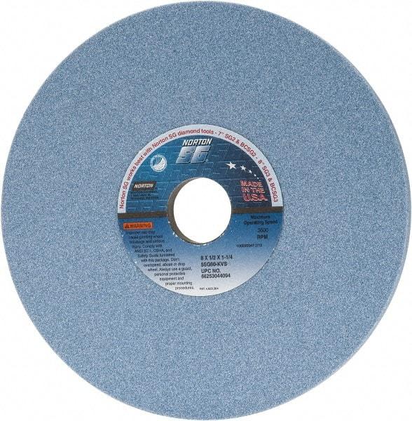 Norton - 8" Diam x 1-1/4" Hole x 1/2" Thick, K Hardness, 60 Grit Surface Grinding Wheel - Ceramic, Type 1, Medium Grade, 3,600 Max RPM, Vitrified Bond, No Recess - Americas Industrial Supply