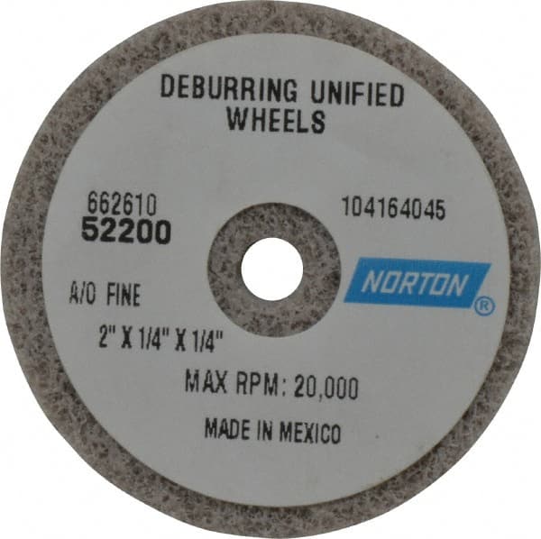 Norton - 2" Diam, 1/4" Face Width, 1/4" Center Hole, Very Fine Grade, Aluminum Oxide Deburring Wheel - Unitized, Medium Grade, 20,000 RPM - Americas Industrial Supply