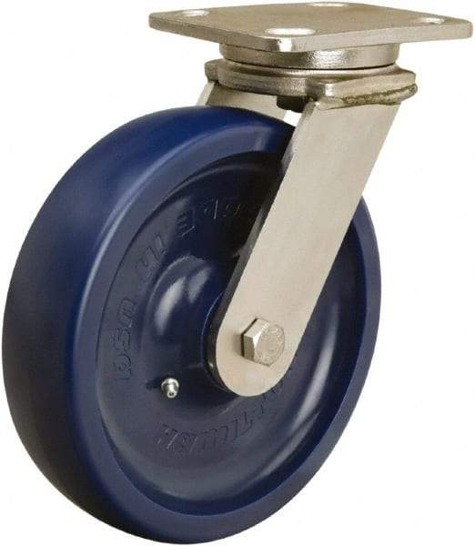 Hamilton - 8" Diam x 2" Wide x 9-1/2" OAH Top Plate Mount Swivel Caster - Polyurethane, 1,500 Lb Capacity, Stainless Steel Double Shielded Precision Ball Bearing, 4 x 5" Plate - Americas Industrial Supply