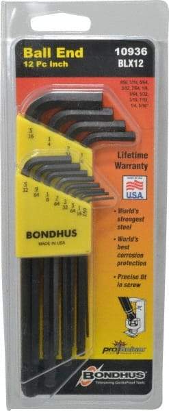 Bondhus - 12 Piece L-Key Ball End Hex Key Set - Hex Range 0.05 to 5/16" - Americas Industrial Supply