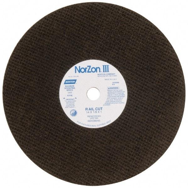 Norton - 14" 30 Grit Zirconia Alumina Cutoff Wheel - 1/8" Thick, 1" Arbor, 5,400 Max RPM, Use with Electric & Gas Powered Saws - Americas Industrial Supply