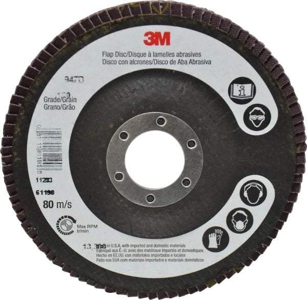 3M - 120 Grit, 4-1/2" Disc Diam, 7/8" Center Hole, Type 27 Ceramic Flap Disc - 13,300 Max RPM, Cloth Backing, Arbor Attaching System, Coated - Americas Industrial Supply