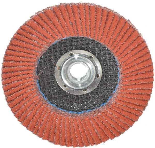 3M - 40 Grit, 4-1/2" Disc Diam, 5/8-11 Center Hole, Type 27 Ceramic Flap Disc - 13,300 Max RPM, Cloth Backing, Arbor Attaching System, Coated - Americas Industrial Supply