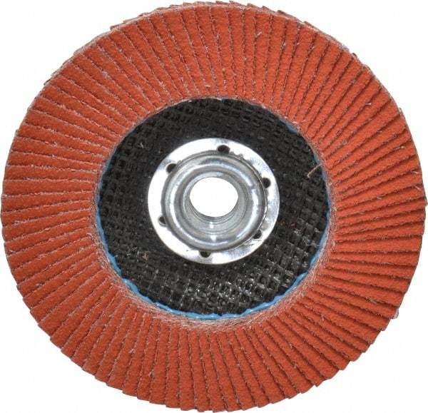 3M - 80 Grit, 4-1/2" Disc Diam, 5/8-11 Center Hole, Type 27 Ceramic Flap Disc - 13,300 Max RPM, Cloth Backing, Arbor Attaching System, Coated - Americas Industrial Supply