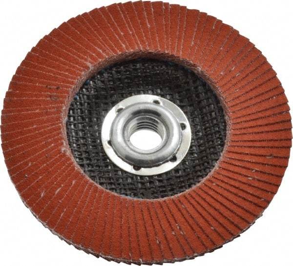 3M - 120 Grit, 4-1/2" Disc Diam, 5/8-11 Center Hole, Type 27 Ceramic Flap Disc - 13,300 Max RPM, Cloth Backing, Arbor Attaching System, Coated - Americas Industrial Supply