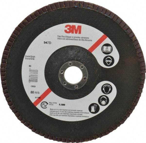 3M - 40 Grit, 7" Disc Diam, 7/8" Center Hole, Type 27 Ceramic Flap Disc - 8,600 Max RPM, Cloth Backing, Arbor Attaching System, Coated - Americas Industrial Supply