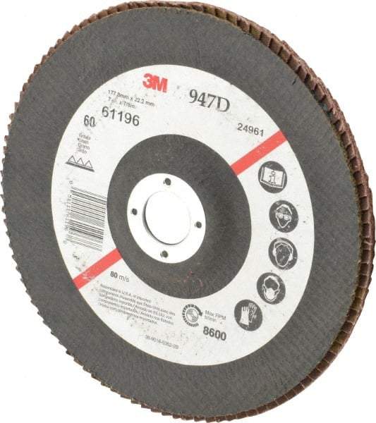 3M - 60 Grit, 7" Disc Diam, 7/8" Center Hole, Type 27 Ceramic Flap Disc - 8,600 Max RPM, Cloth Backing, Arbor Attaching System, Coated - Americas Industrial Supply